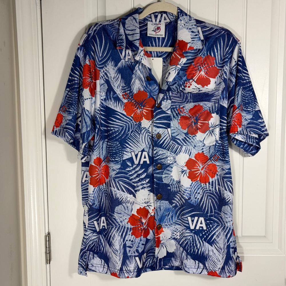 AE Sport VA Veterans Affairs Hawaiian Shirt Mens Medium Blue Tropical Hibiscus
